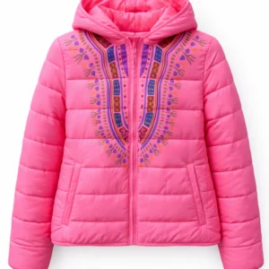 Pink hooded jacket with colorful embroidery